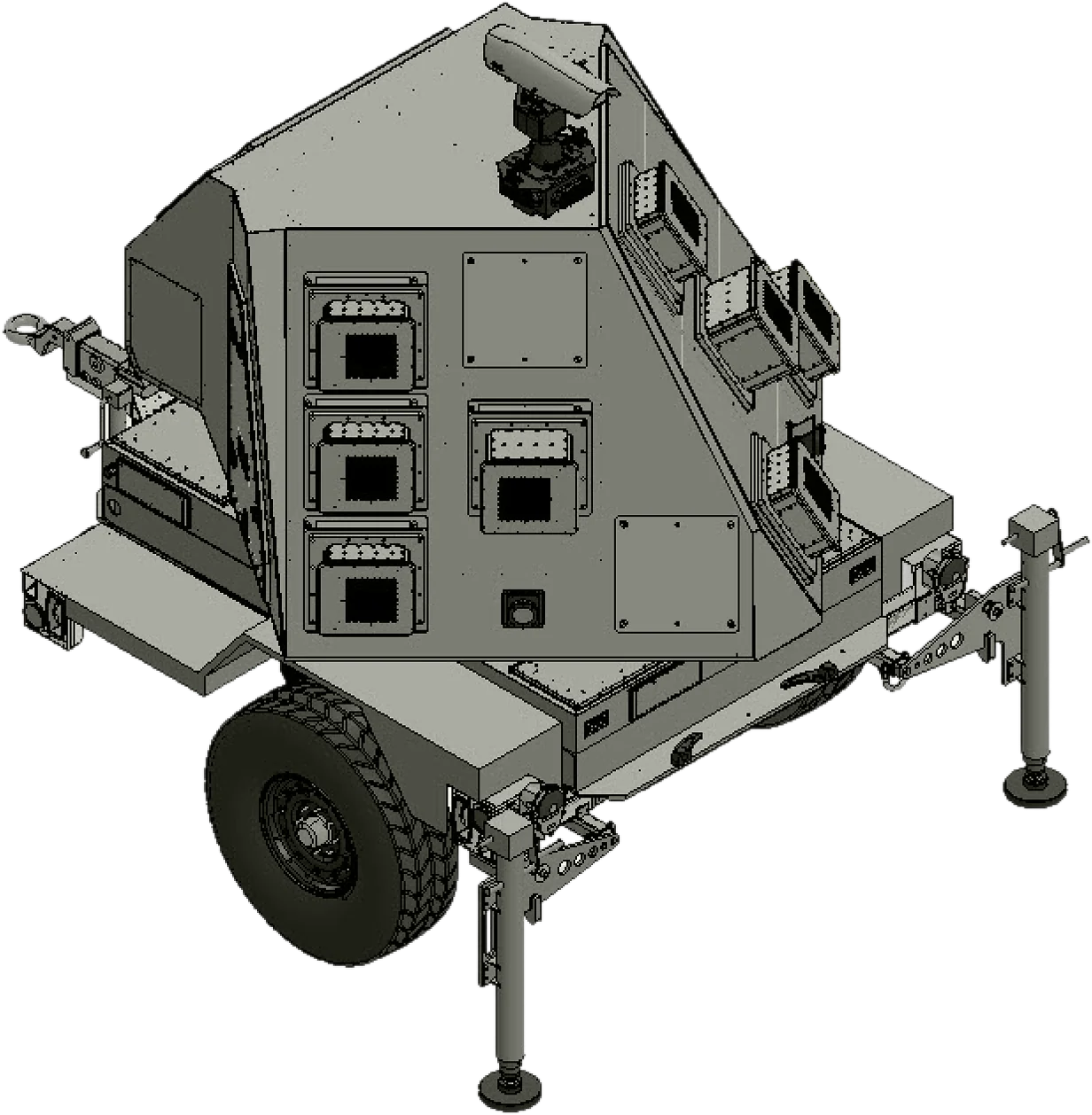 Line drawing of a Technovative Applications radar trailer