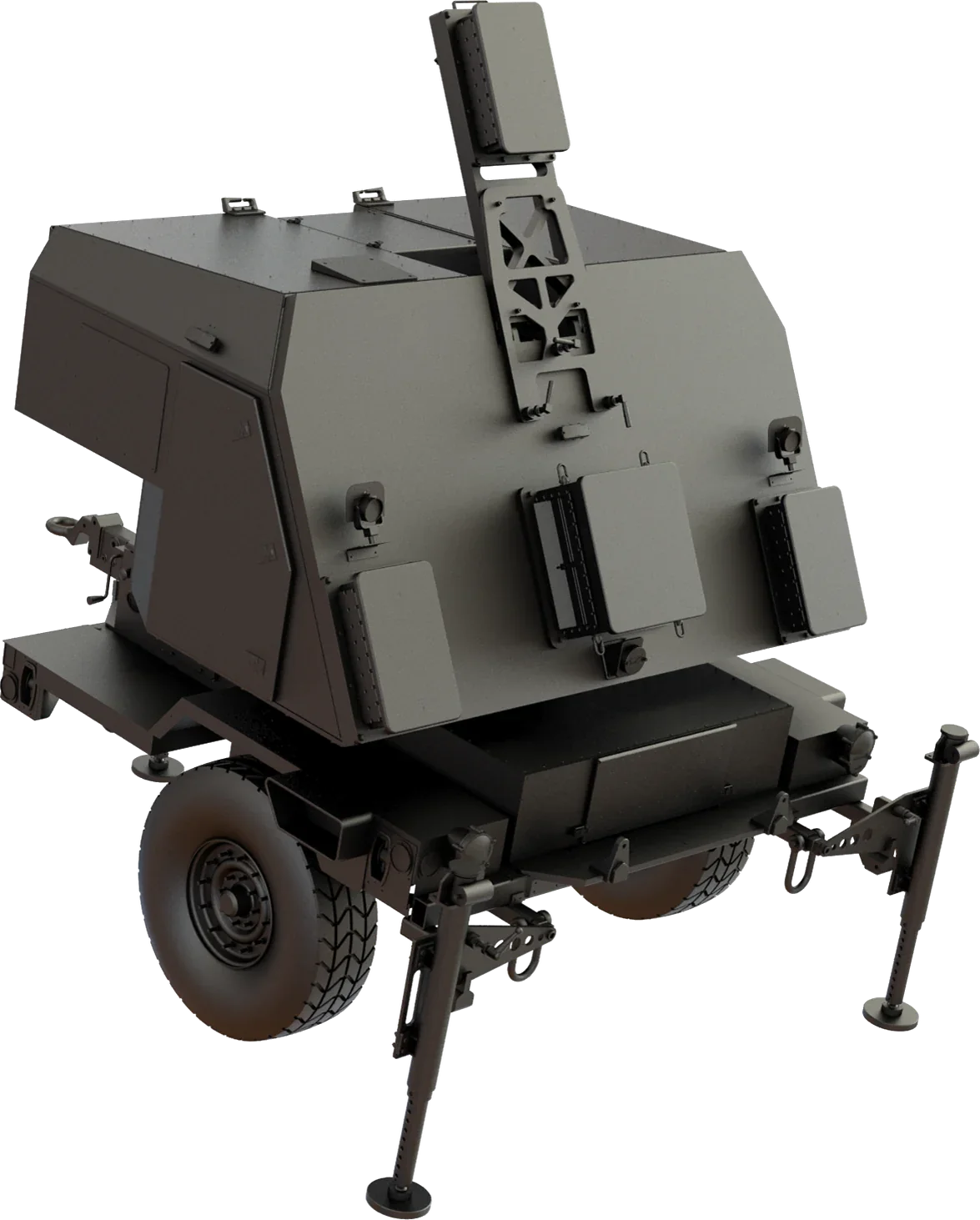 Long Range Cannon Radar on a trailer with its antenna raised