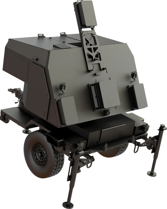 Long Range Cannon Radar on a trailer with its antenna raised