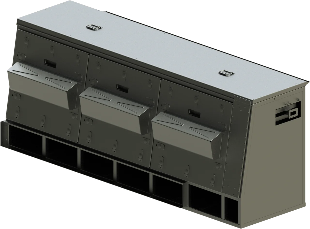 Radar electronics cabinet with three angled panels
